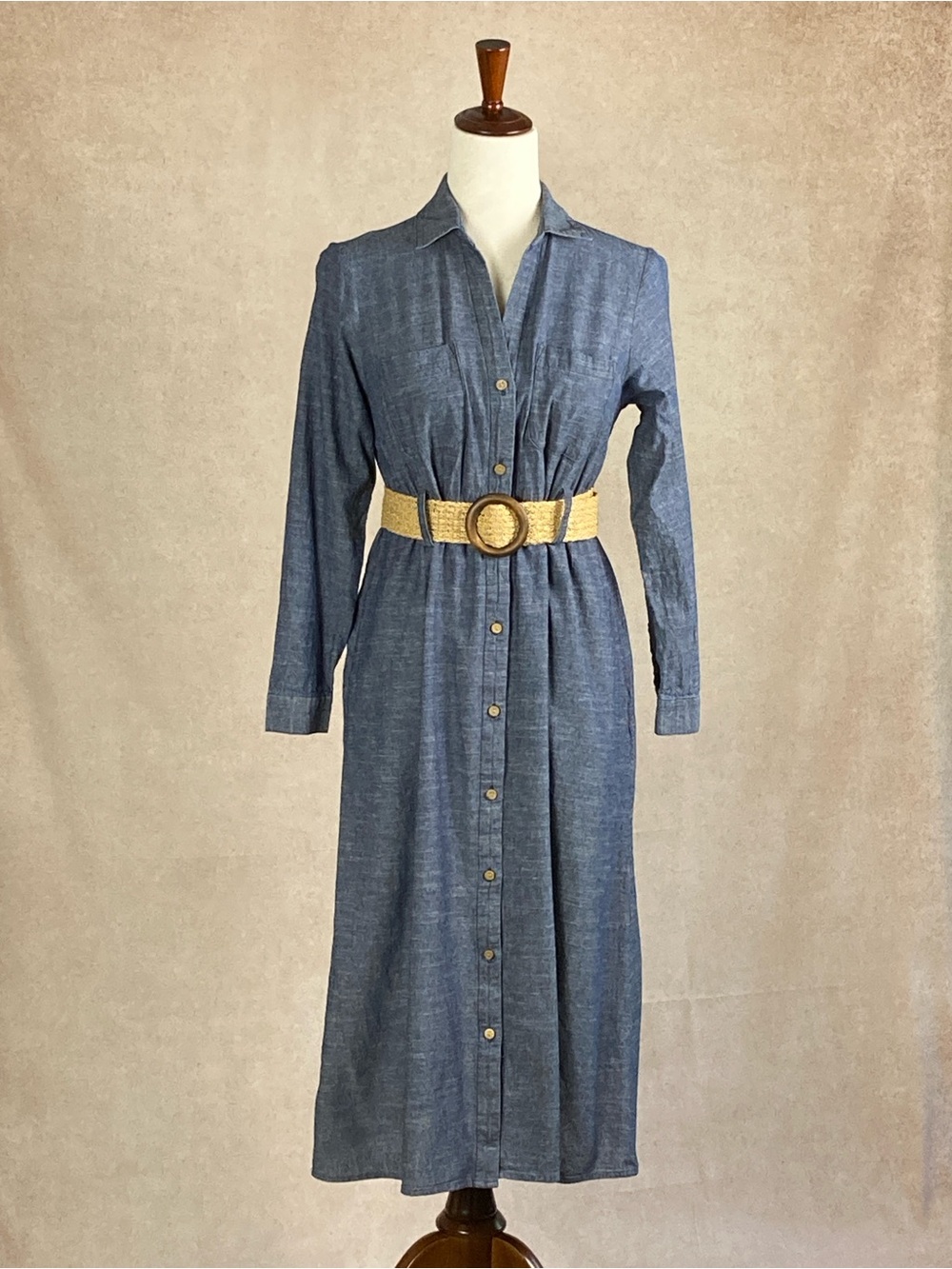 J. Jill Chambray Button-Front Long Sleeve Shirt Dress with Woven Belt